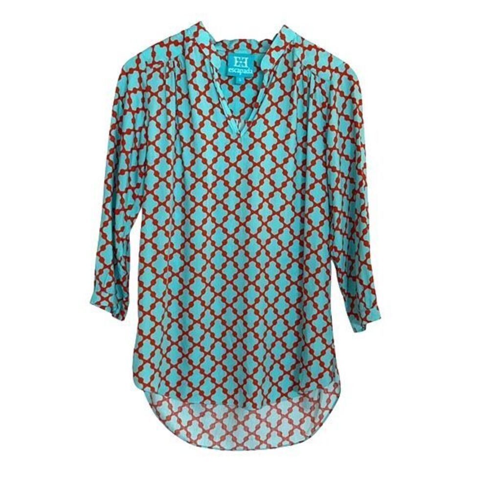 Escapada Top Womens Teal Blue Orange‎ Print 3/4 Sleeve Boho Resort Size Small